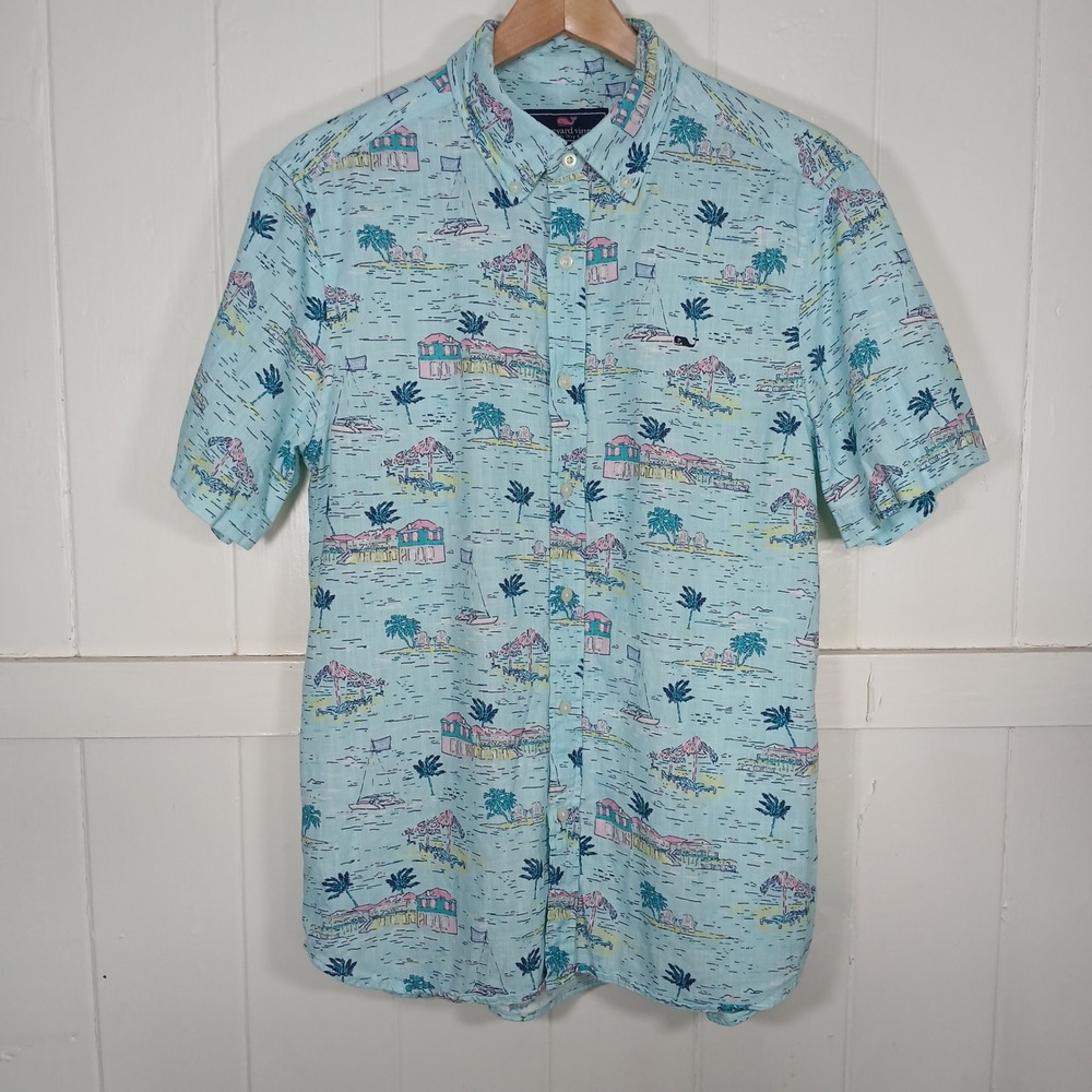 Vineyard Vines Tropical Beach Print Whale Shirt Button Down Mens Medium Blue